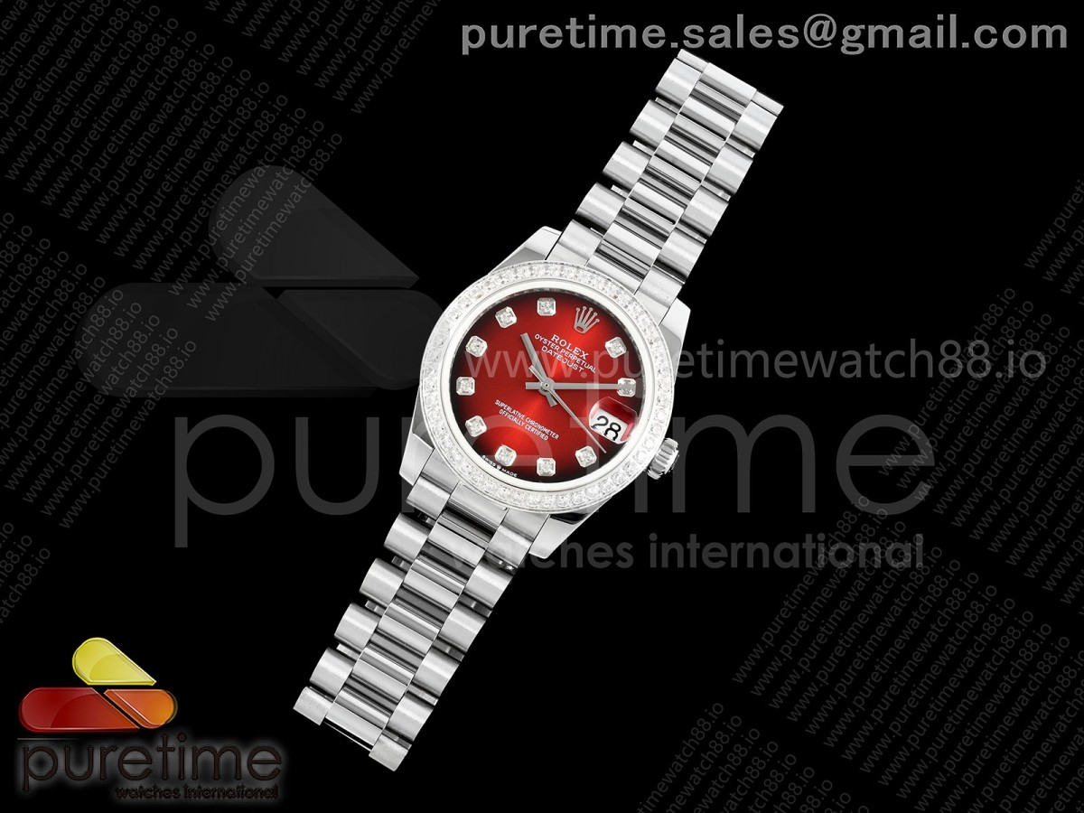 DateJust 31 SS GMF 1:1 Best Edition Red Dial Diamonds Bezel on President Bracelet A2824
