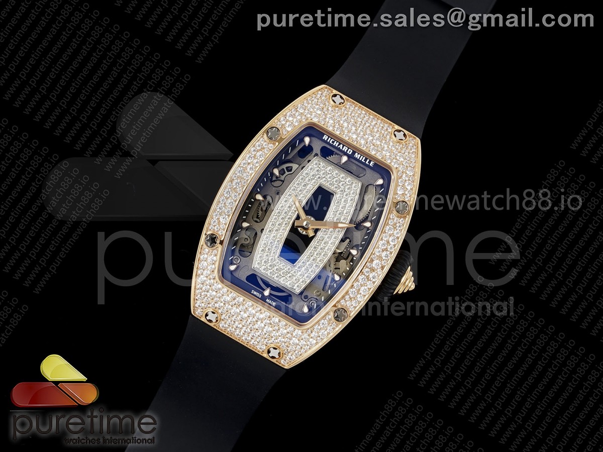 RM07 Ladies Snow Diamonds RG ZF 1:1 Best Edition Black Dial on Black Rubber Strap CRMA2 Clone