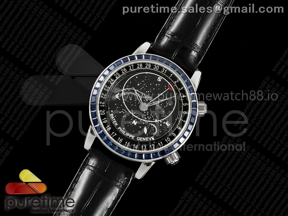 Grand Complications 6102 SS 3KF Best Edition Blue Diamonds Bezel Black Dial on Black Leather Strap A240