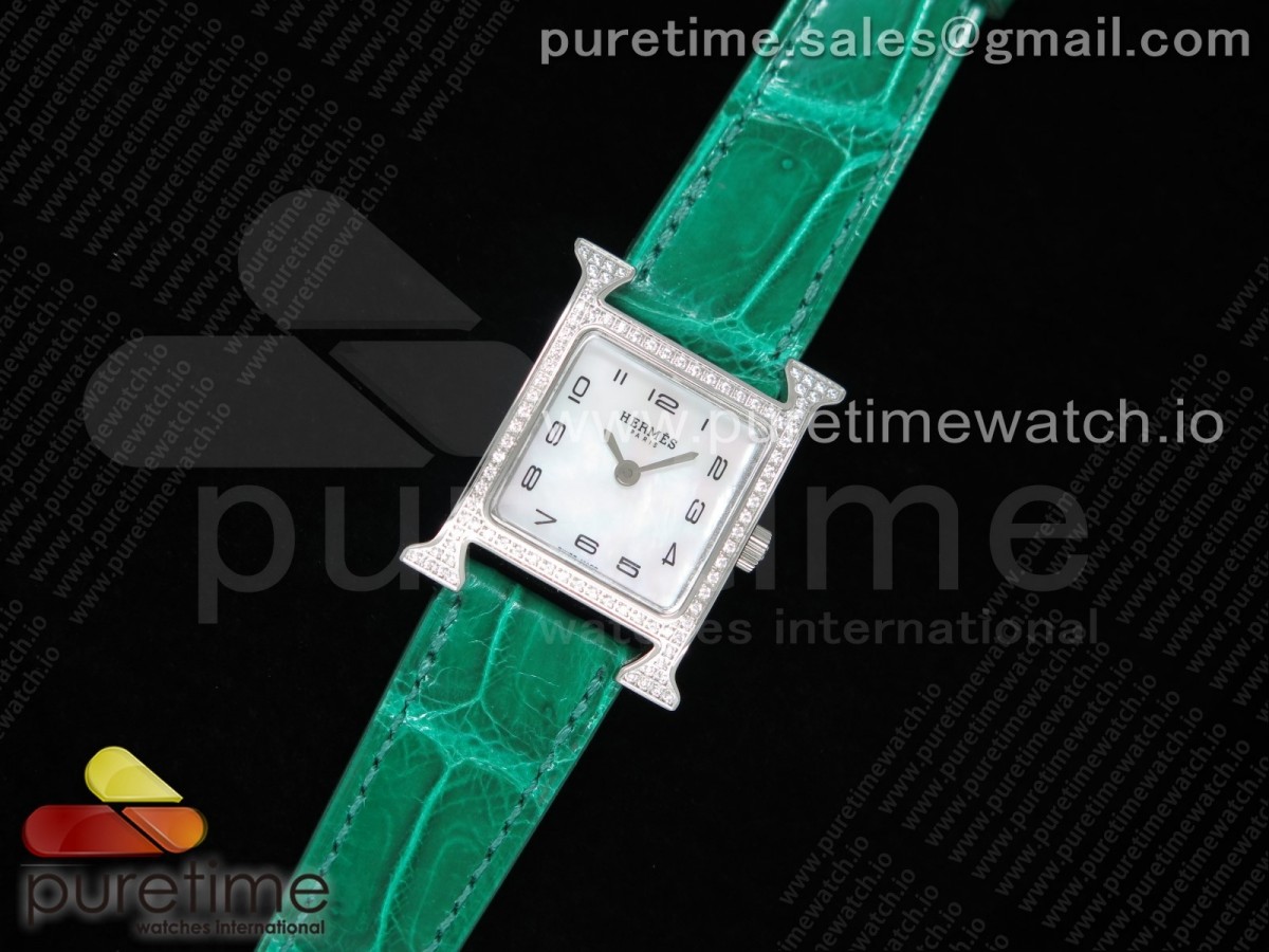 Heure H Watch 21mm SS Diamonds Bezel K11F 1:1 Best Edition White Dial on Green Croco Strap Ronda Quartz