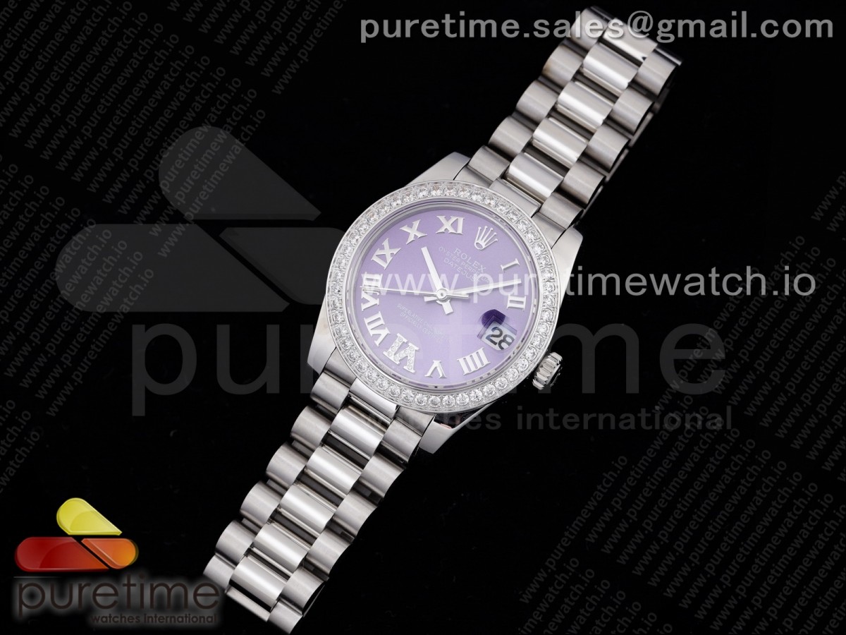 DateJust 31 Ladies 278289 GMF 316L Steel Diamonds Bezel Purple Dial Roman Markers on President Syle Bracelet