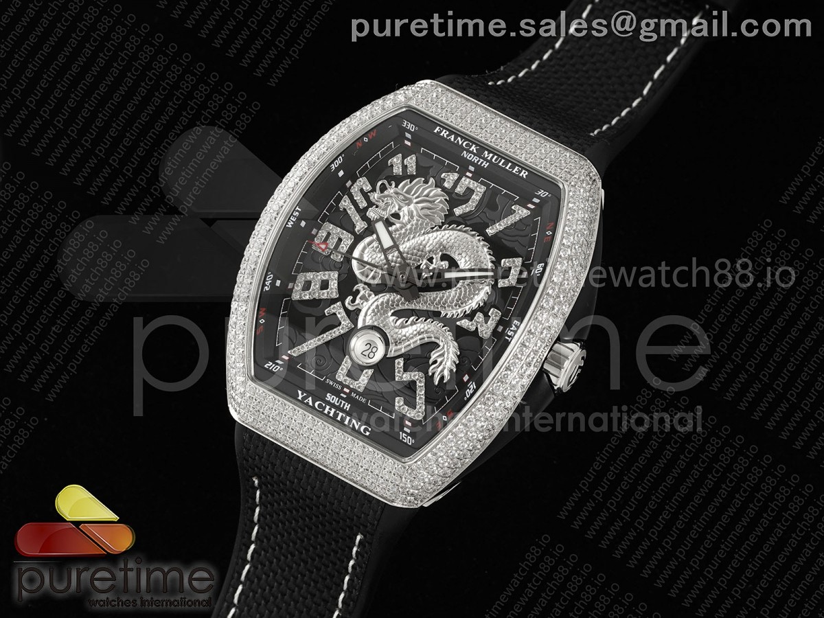 Vanguard V45 SS Full Diamonds ABF Best Edition Silver Dragon Red Dial on Black Nylon Strap A2824