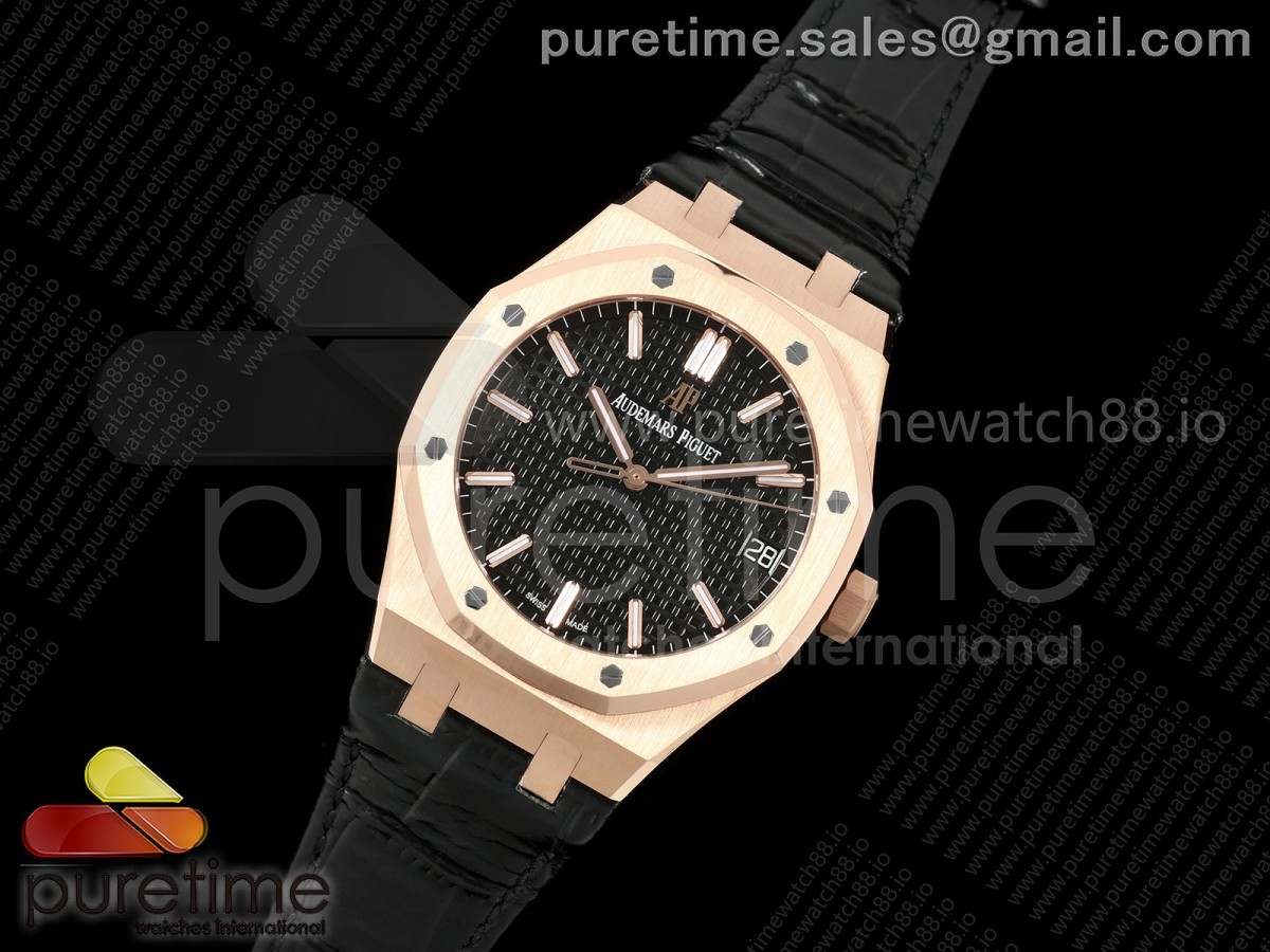 Royal Oak 15500 RG APSF 1:1 Best Edition Black Dial on Black Leather Strap SA4302 Super Clone V3 (Free Sprung)