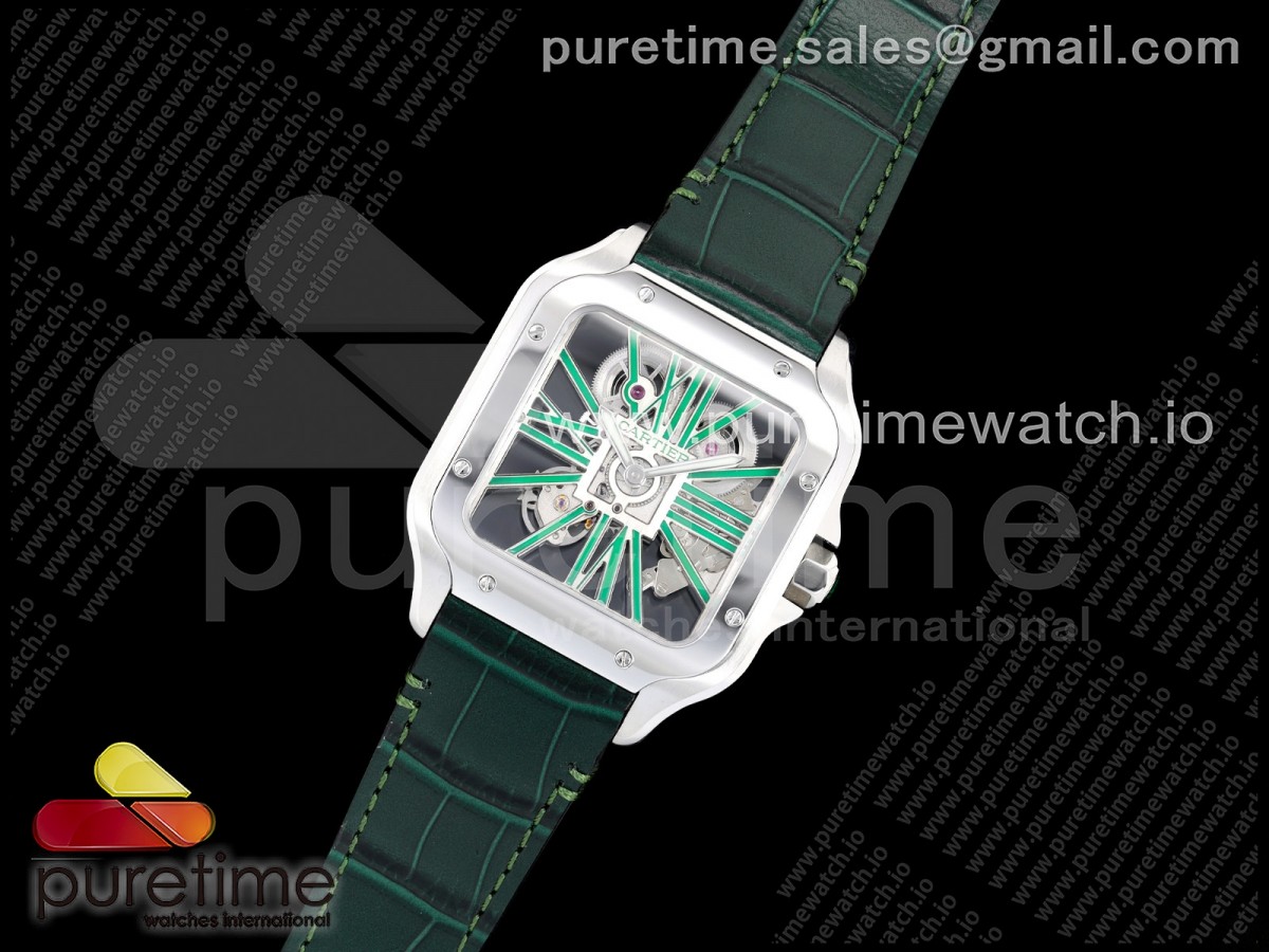 Santos Skeleton SS RICH 1:1 Best Edition Skeleton Green Dial on Green Leather Strap 9611MC Super Clone V2