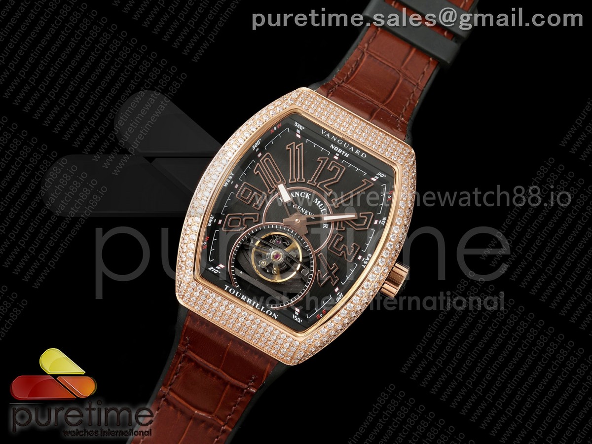 Vanguard Fake Tourbillon RG Diamonds ABF Best Edition Black Dial on Brown Gummy Strap A23J