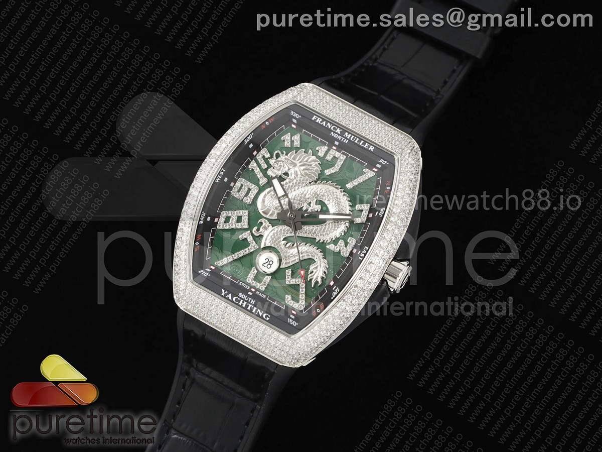 Vanguard V45 SS Full Diamonds ABF Best Edition Silver Dragon Green Dial on Black Gummy Strap A2824