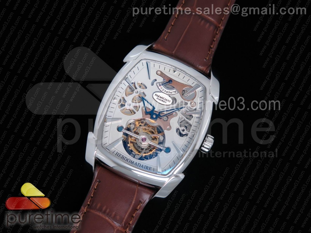 Kalpa Grande Tourbillon Real PR SS Silver Skeleton Dial on Brown Leather Strap