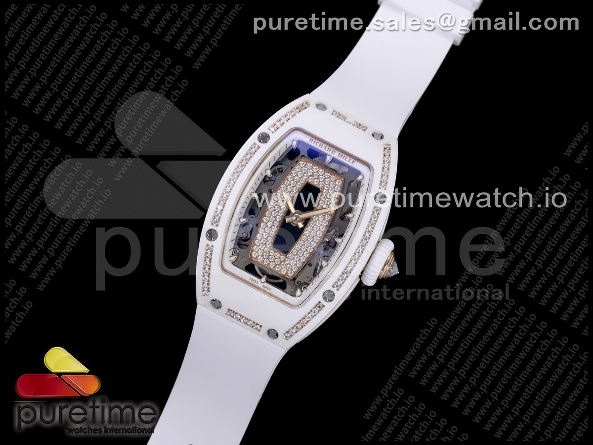RM07 Ladies White Ceramic Diamonds Bezel ZF 1:1 Best Edition Black Dial on White Rubber Strap CRMA2 Clone