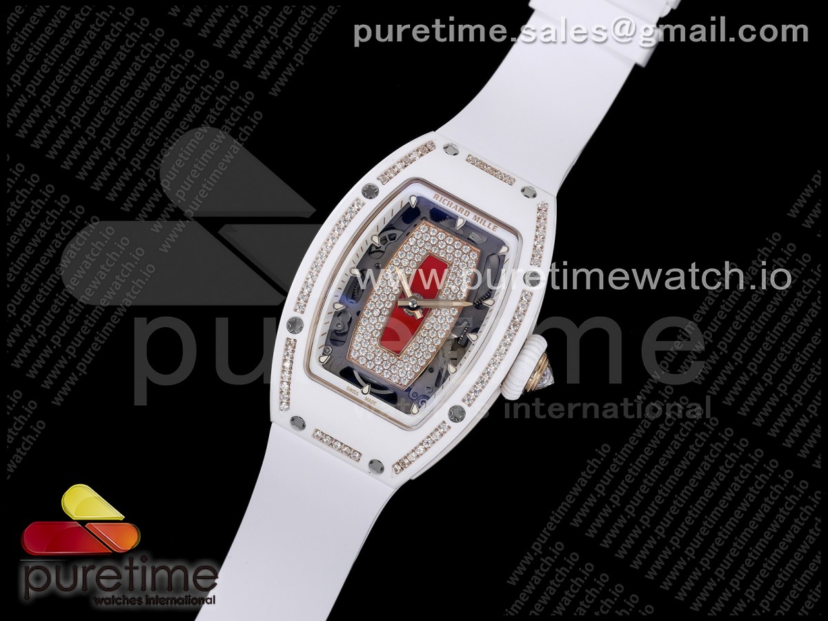 RM07 Ladies White Ceramic Diamonds Bezel ZF 1:1 Best Edition Red Dial on White Rubber Strap CRMA2 Clone