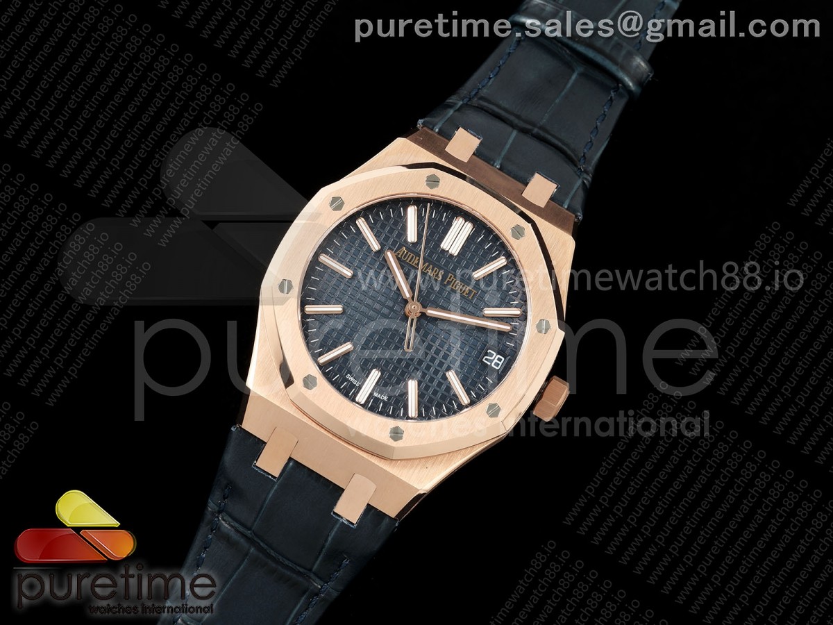 Royal Oak 15510 RG APSF 1:1 Best Edition Blue Dial on Blue Leather Strap SA4302 Super Clone V3 (Free Sprung)