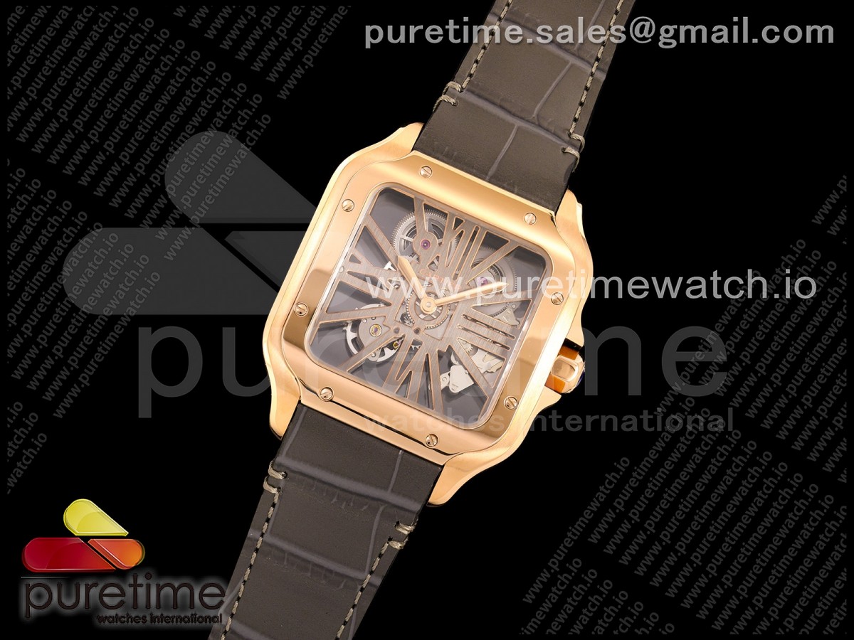Santos Skeleton RG RICH 1:1 Best Edition Skeleton Dial on Gray Leather Strap 9611MC Super Clone V2