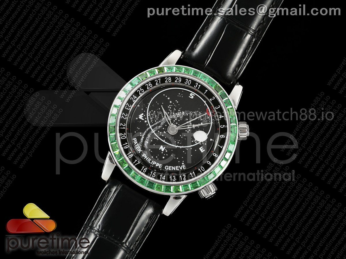 Grand Complications 6102 SS 3KF Best Edition Green Diamonds Bezel Black Dial on Black Leather Strap A240