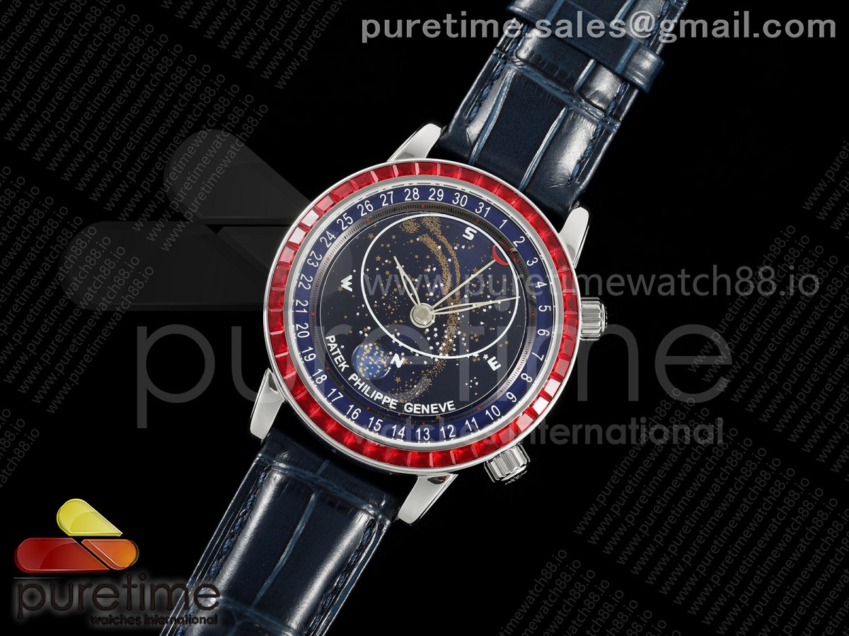 Grand Complications 6102 SS 3KF Best Edition Red Diamonds Bezel Blue Dial on Blue Leather Strap A240