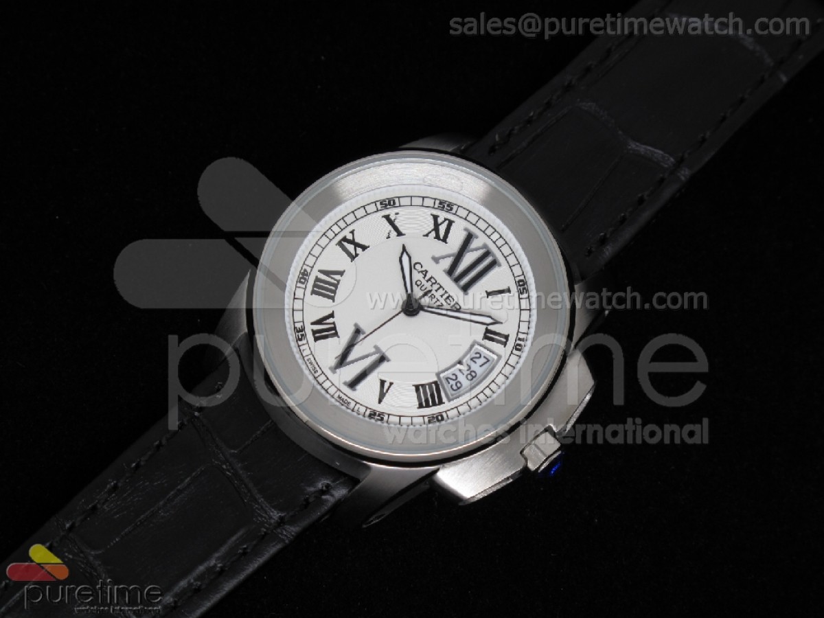 Calibre de Cartier 35mm SS White Dial on Black Leather Strap Quartz