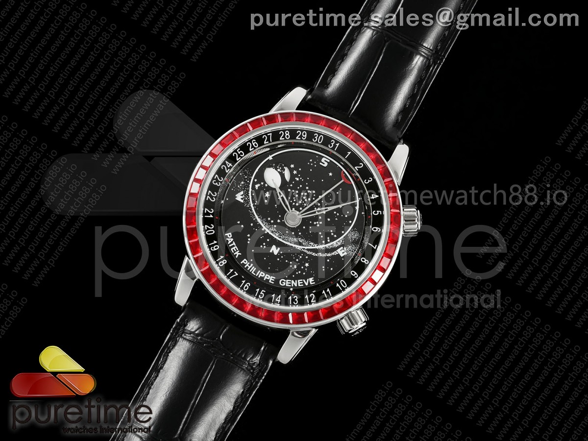 Grand Complications 6102 SS 3KF Best Edition Red Diamonds Bezel Black Dial on Black Leather Strap A240