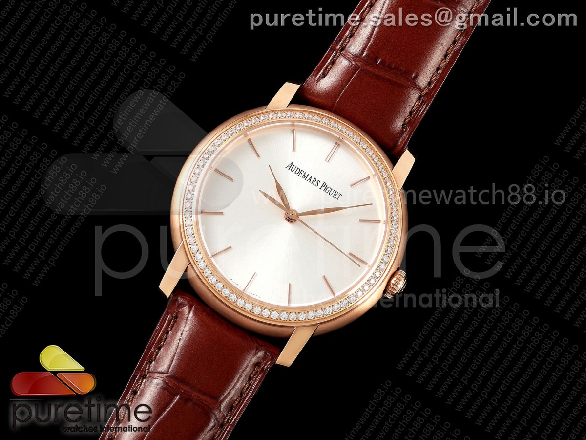 Jules Audemars 15120 RG OMF 1:1 Best Edition Silver Dial Diamonds Bezel on Brown Leather Strap A3120