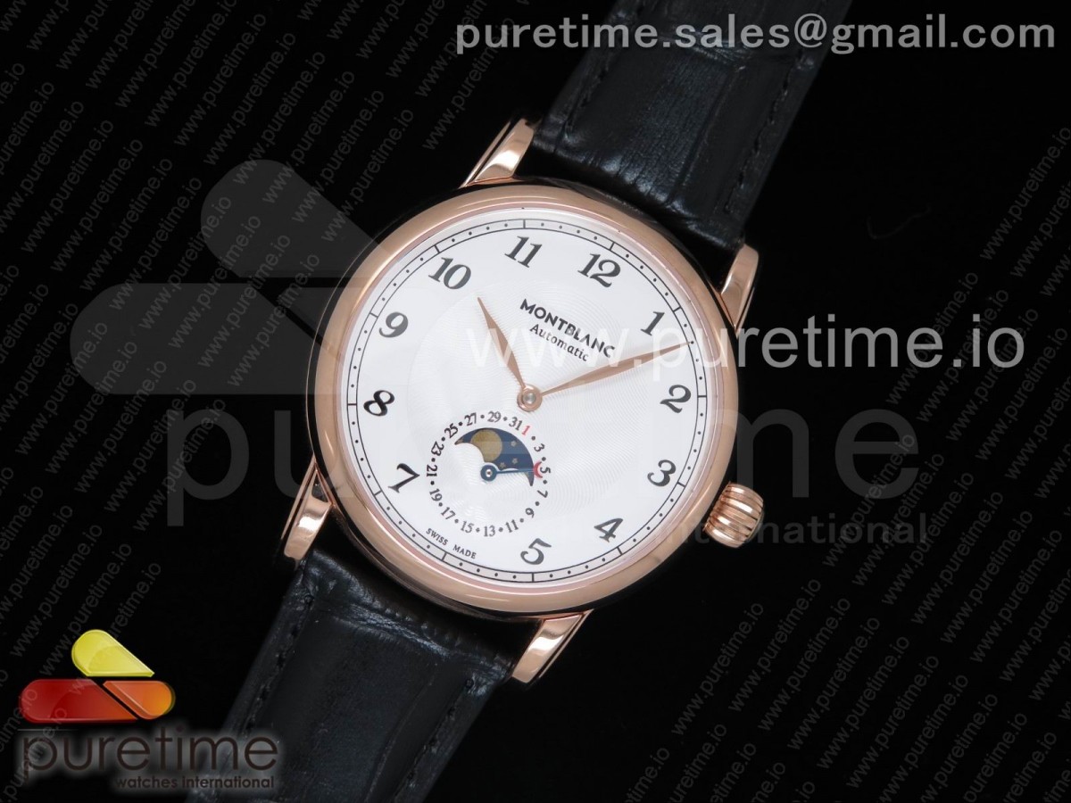 Star Legacy Moonphase 42 mm RG White Dial Black Markers on Black Leather Strap MIYOTA 9015