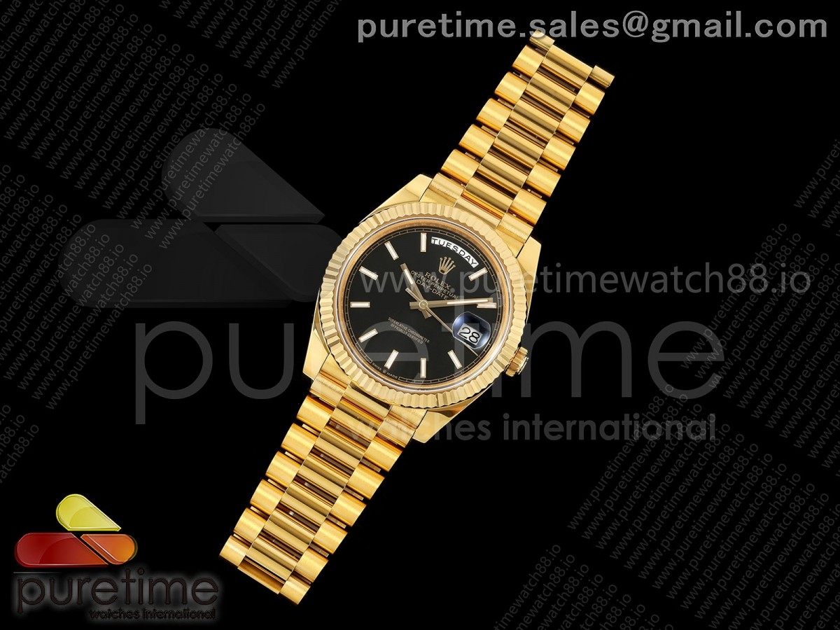 Day Date 40 YG EWEF 1:1 Best Edition Black Stick Dial on President Bracelet A3255 (Weighted)