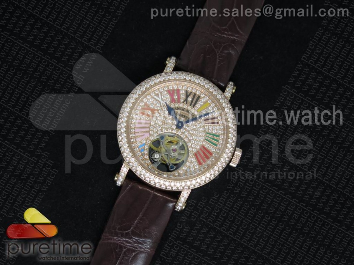 Color Dreams Tourbillon RG Diamond Roman Numerals Markers on Brown Croco Leather Strap
