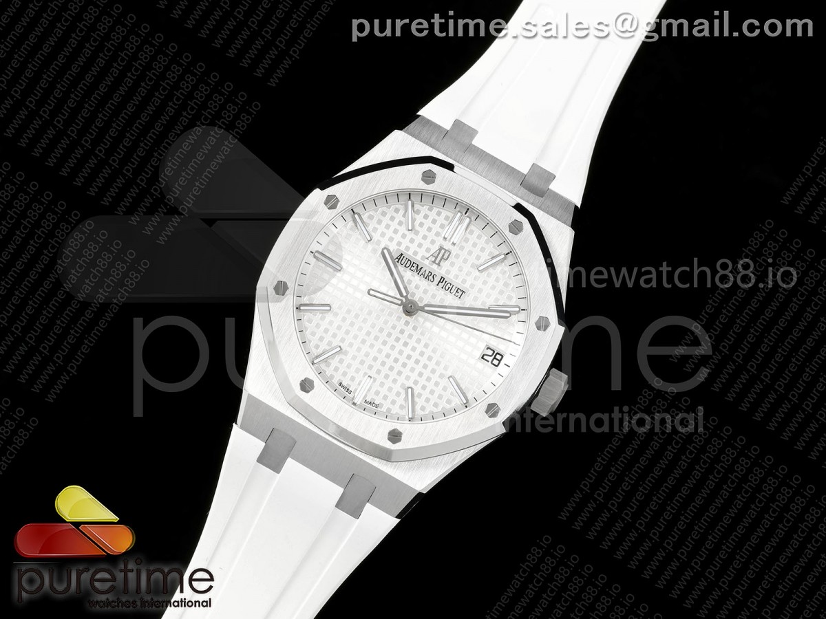 Royal Oak 15500 SS APSF 1:1 Best Edition Silver Dial on White Rubber Strap SA4302 Super Clone V3 (Free Sprung)
