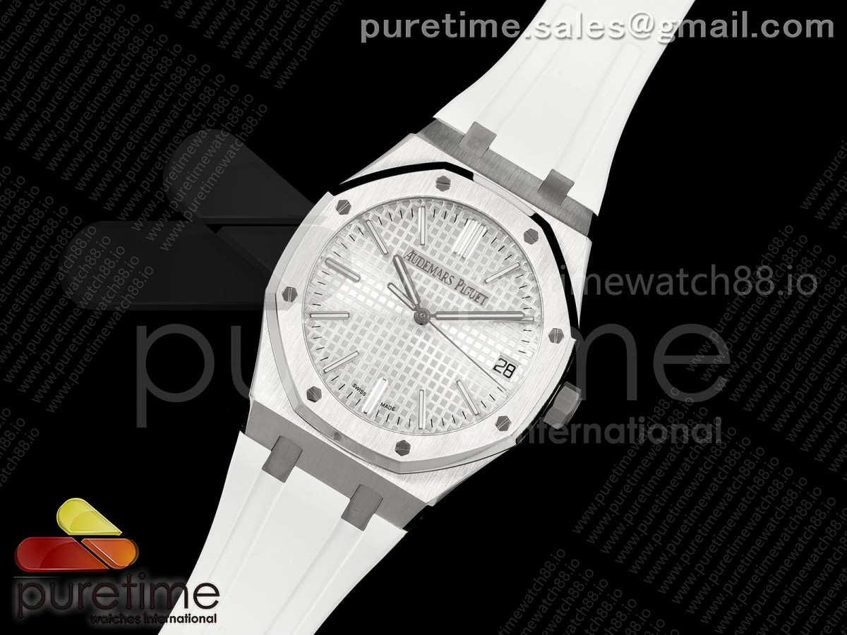 Royal Oak 15510 SS APSF 1:1 Best Edition Silver Dial on White Rubber Strap SA4302 Super Clone V3 (Free Sprung)