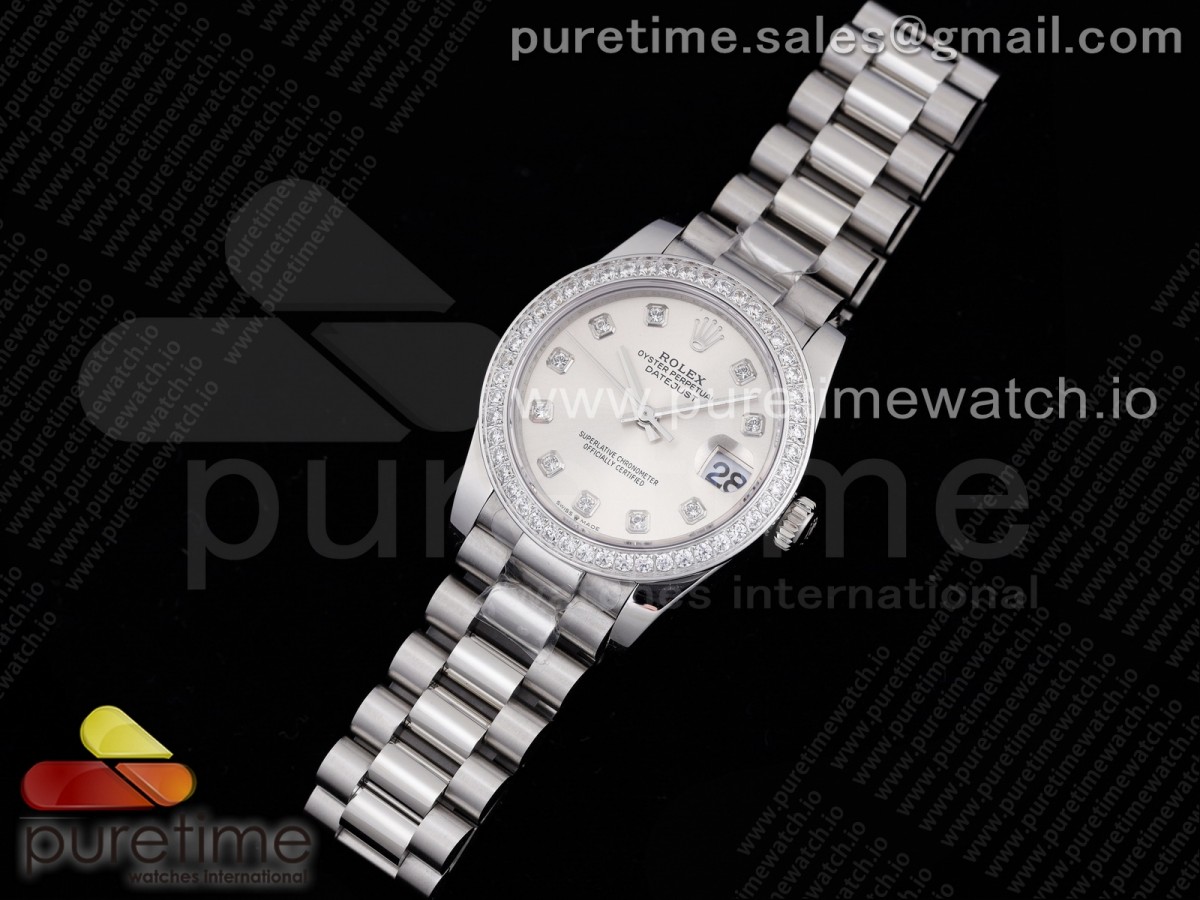 DateJust 31 Ladies 278289 GMF 316L Steel Silver Dial Diamonds Bezel and Markers on President Syle Bracelet