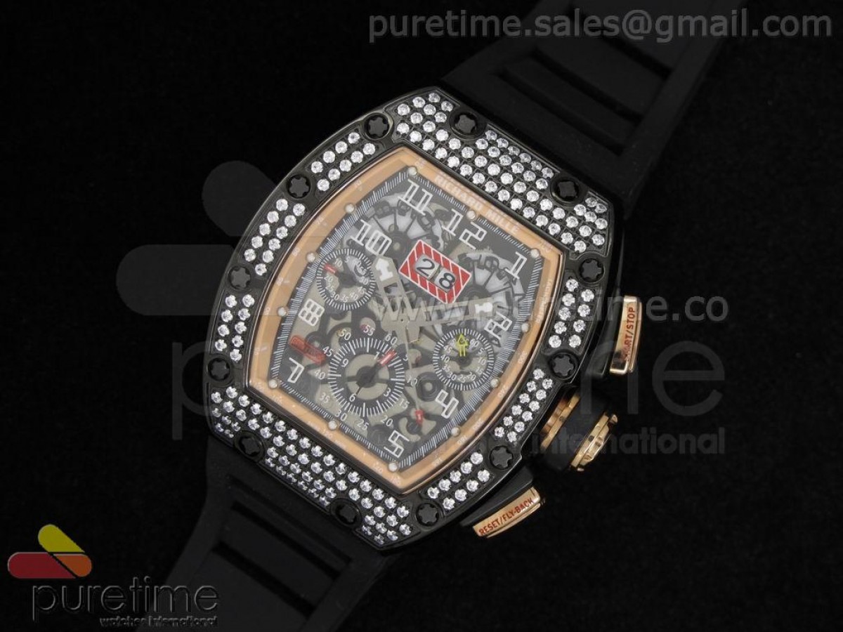 RM011 Le Mans Classic 2012 PVD/RG Full Pave Diamonds Bezel on Black Rubber Strap A7750