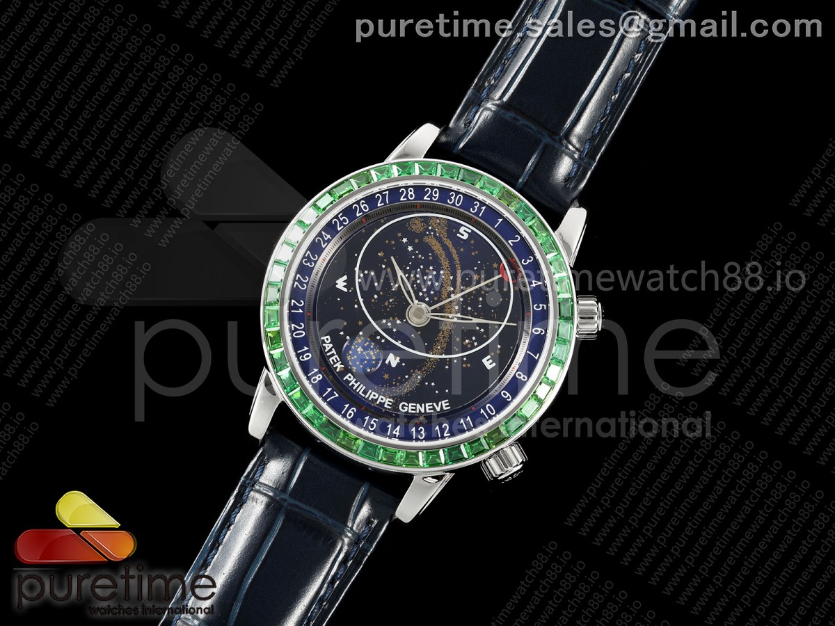 Grand Complications 6102 SS 3KF Best Edition Green Diamonds Bezel Blue Dial on Blue Leather Strap A240