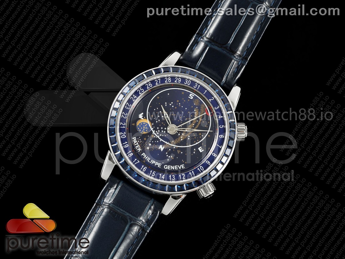 Grand Complications 6102 SS 3KF Best Edition Blue Diamonds Bezel Blue Dial on Blue Leather Strap A240