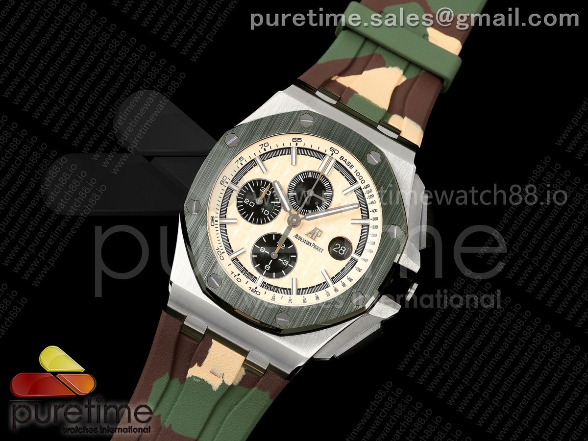 Royal Oak Offshore 44mm SS Green Ceramic Bezel JF 1:1 Best Edition Cream Dial on Rubber Strap A3126