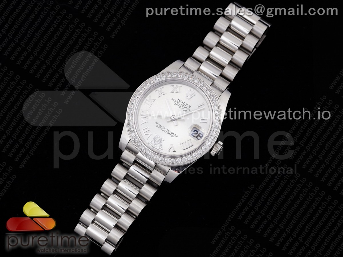 DateJust 31 Ladies 278289 GMF 316L Steel Diamonds Bezel Silver Dial Roman Markers on President Syle Bracelet