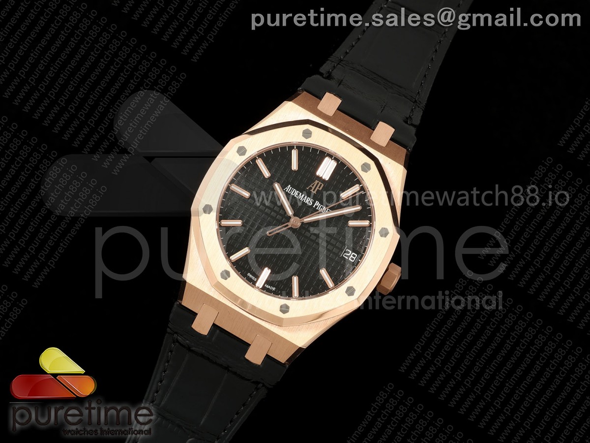 Royal Oak 41mm 15500 RG DDF 1:1 Best Edition Black Dial on Black Leather Strap DD4302 Super Clone (Weighted)