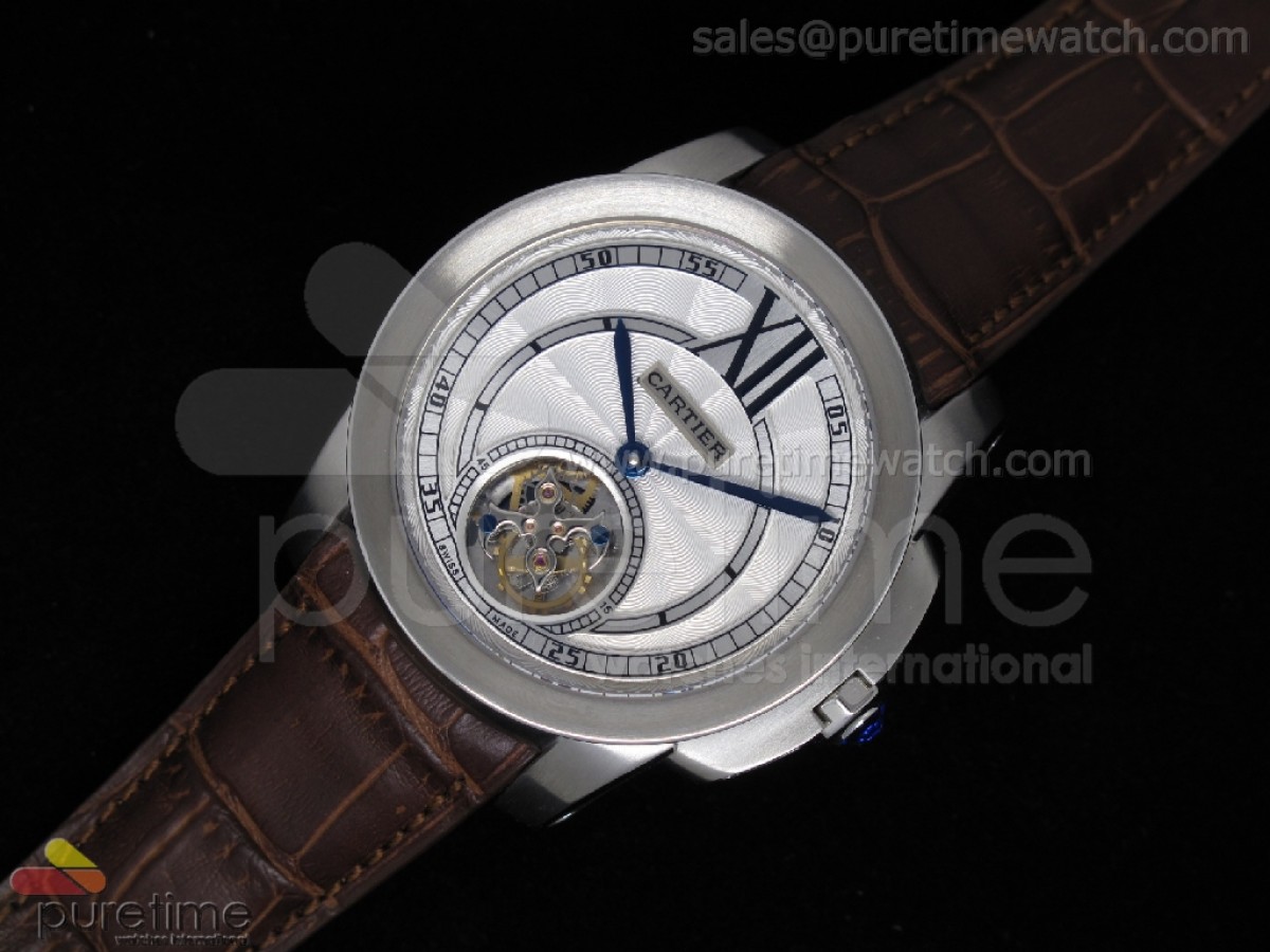 Calibre de Cartier Tourbillon SS White Dial Brown Leather Strap