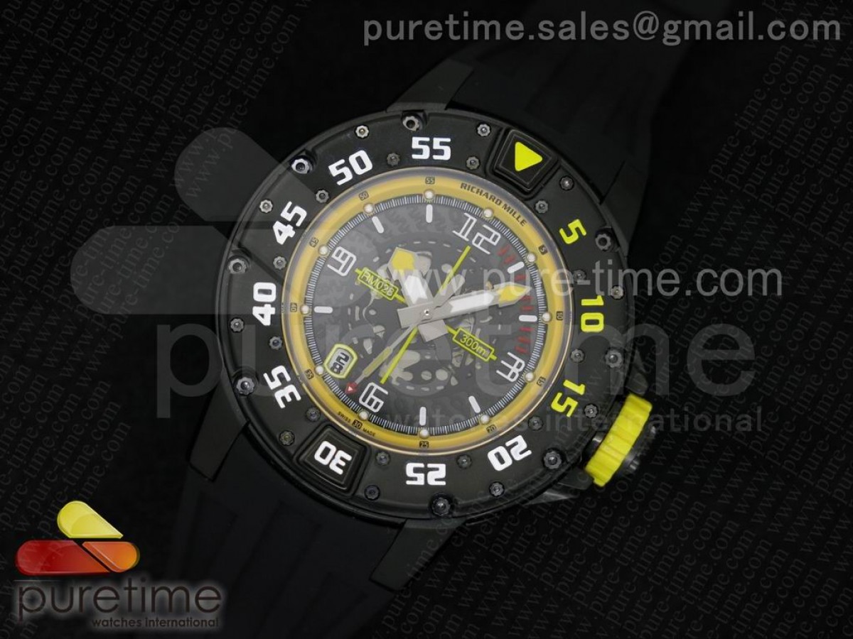RM028 47mm RMF PVD Yellow Black Skeleton Dial on Black Rubber Strap A7750