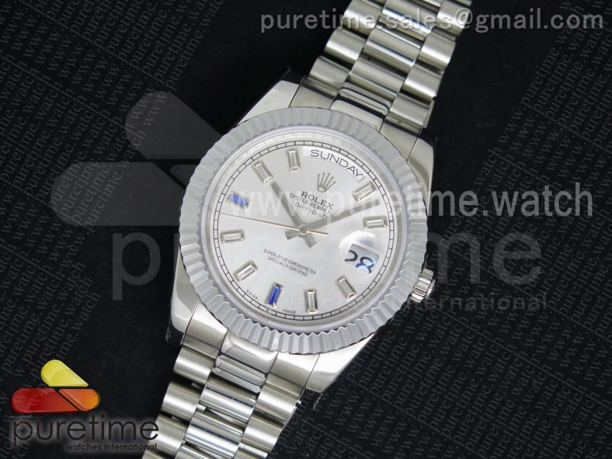 Day Date II SS White Dial White/Blue Crystal Markers on SS Bracelet A3255