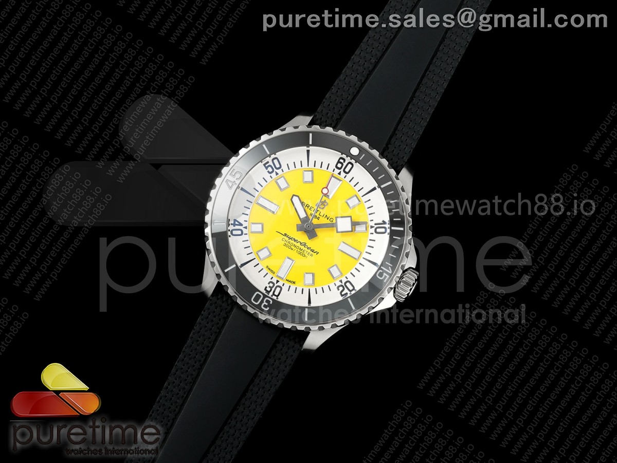 SuperOcean Automatic 44 SS Black Bezel TF 1:1 Best Edition Yellow Dial on Black Rubber Strap A2824