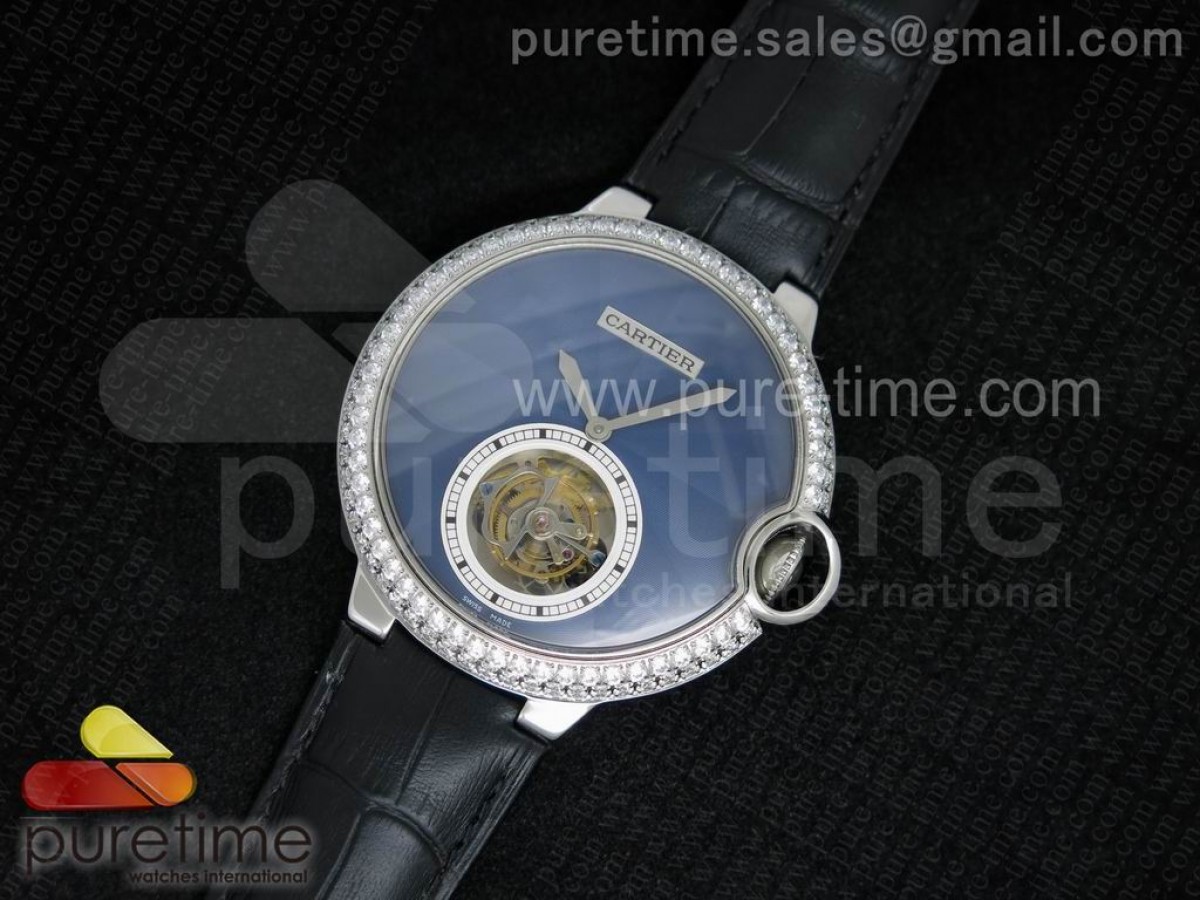 Ballon Bleu Tourbillon SS Blue Textured Dial Diamonds Bezel on Black Leather Strap
