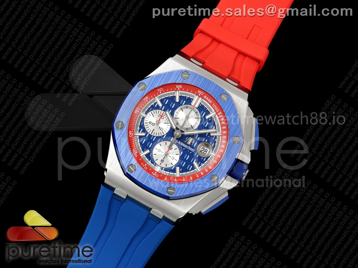 Royal Oak Offshore 44mm SS Blue Ceramic Bezel JF 1:1 Best Edition Blue/Red Dial on Rubber Strap A3126