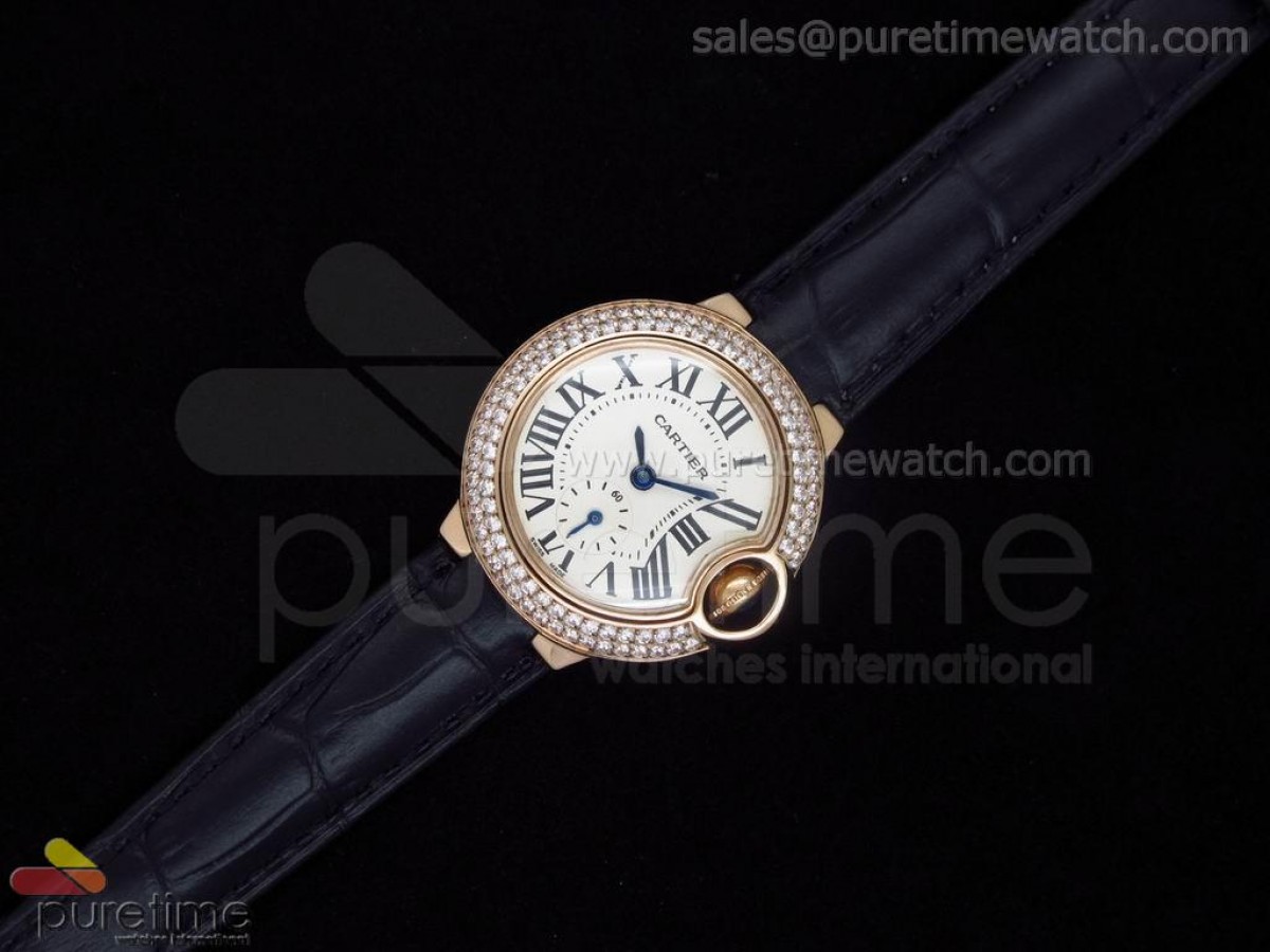 Ballon Bleu Ladies RG White Dial Diamond Bezel on Black Leather Strap Swiss Quartz
