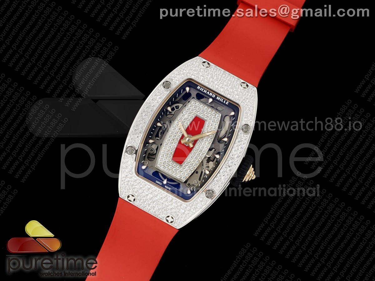 RM07 Ladies Snow Diamonds SS ZF 1:1 Best Edition Red Dial on Red Rubber Strap CRMA2 Clone