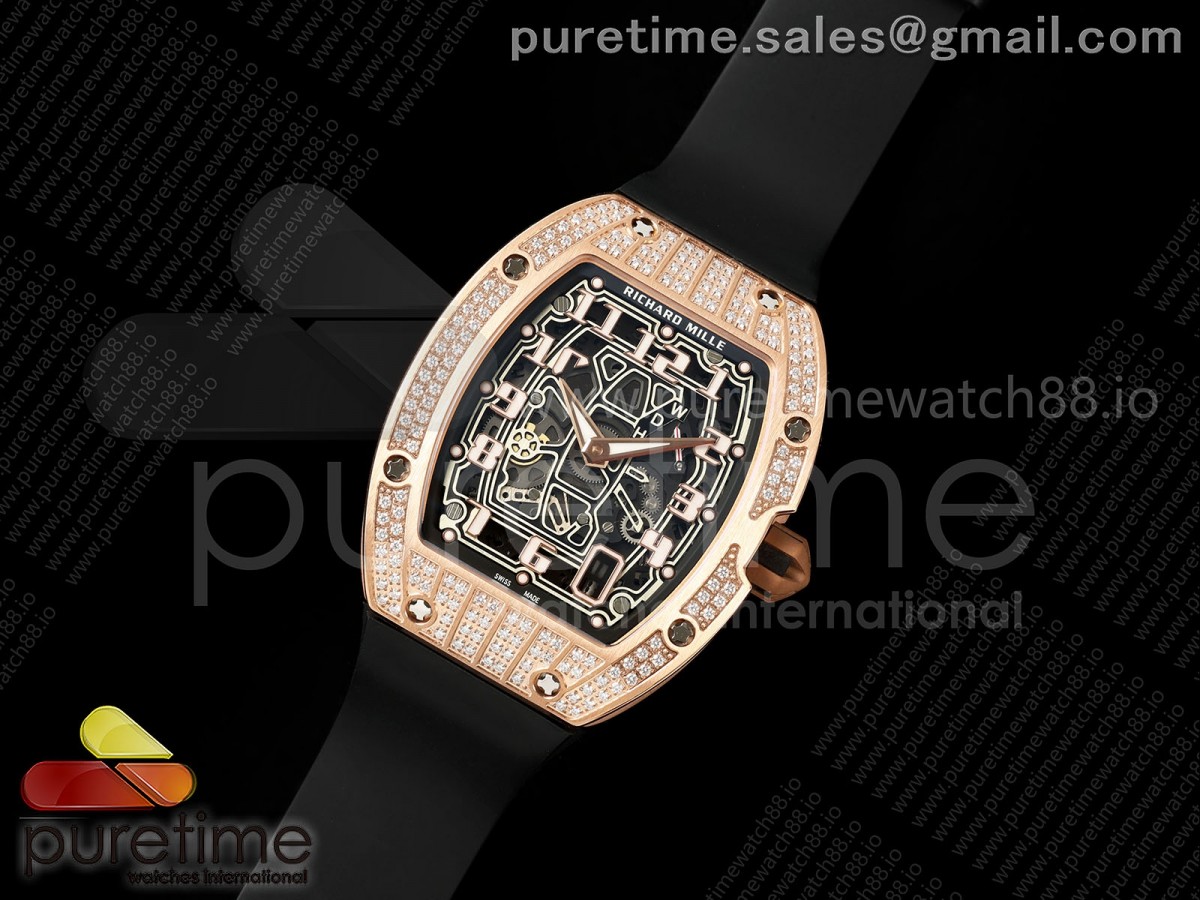 Mille Studio RM67-01 RG Skeleton Dial Diamonds Bezel on Black Rubber Strap CRMA6 Clone