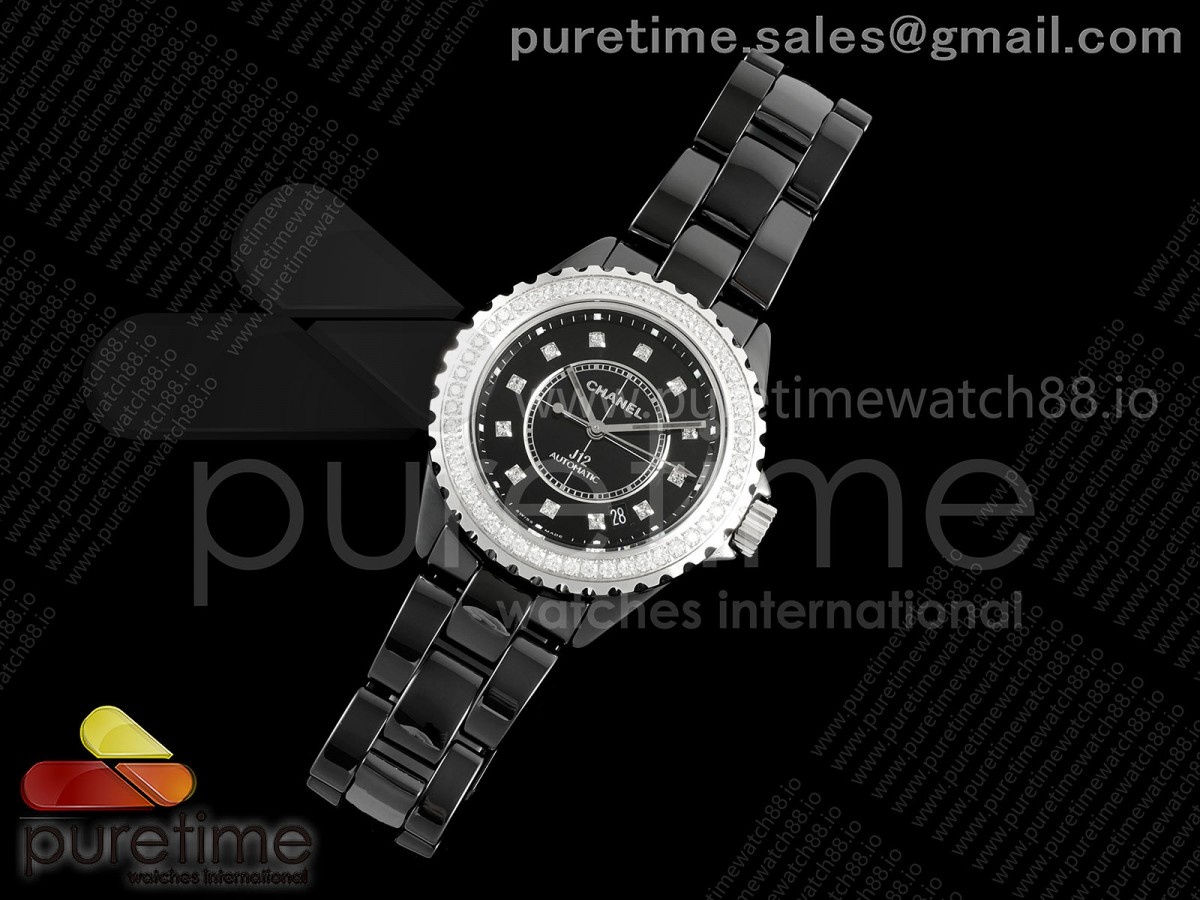 J13 38mm HTF 1:1 Best Edition Black Korea Ceramic Black Dial Diamonds Bezel on Bracelet A12.1