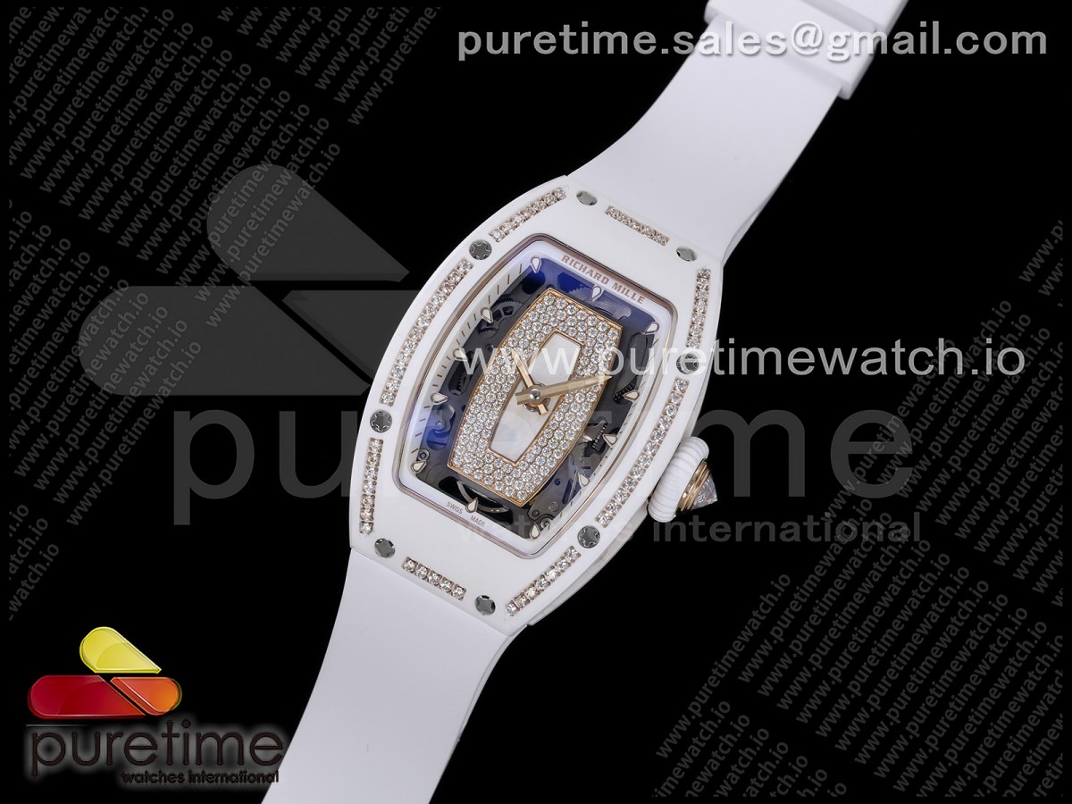 RM07 Ladies White Ceramic Diamonds Bezel ZF 1:1 Best Edition White Dial on White Rubber Strap CRMA2 Clone