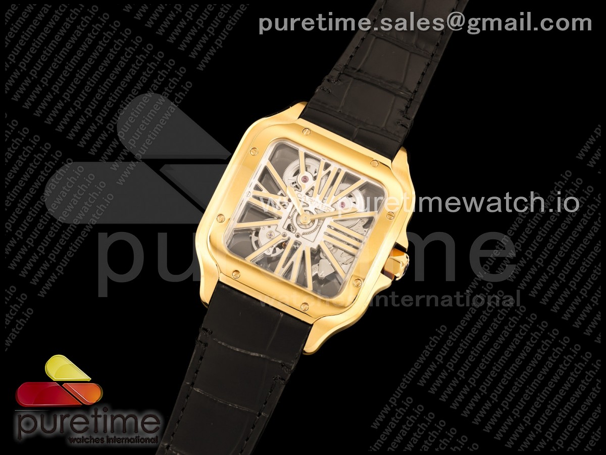 Santos Skeleton YG RICH 1:1 Best Edition Skeleton Dial on Gray Leather Strap 9611MC Super Clone V2