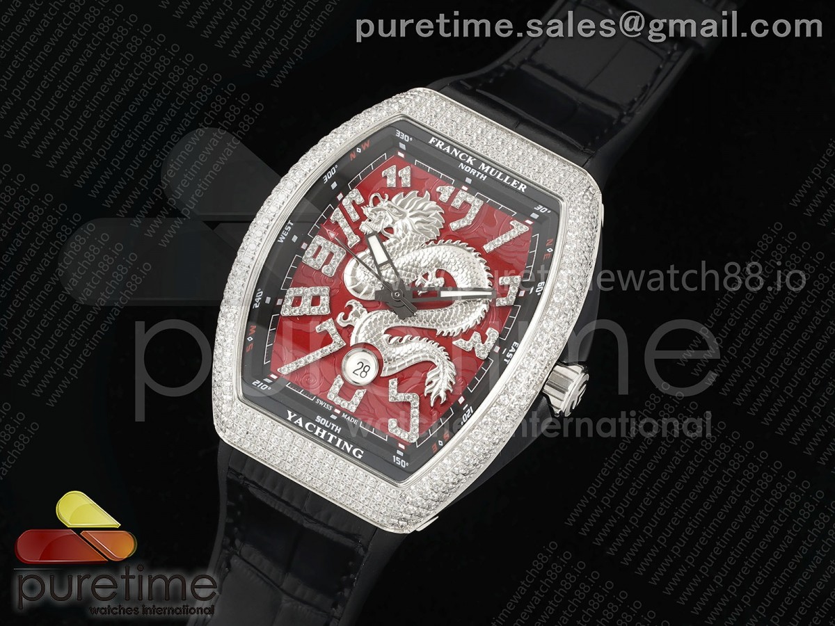 Vanguard V45 SS Full Diamonds ABF Best Edition Silver Dragon Red Dial on Black Gummy Strap A2824