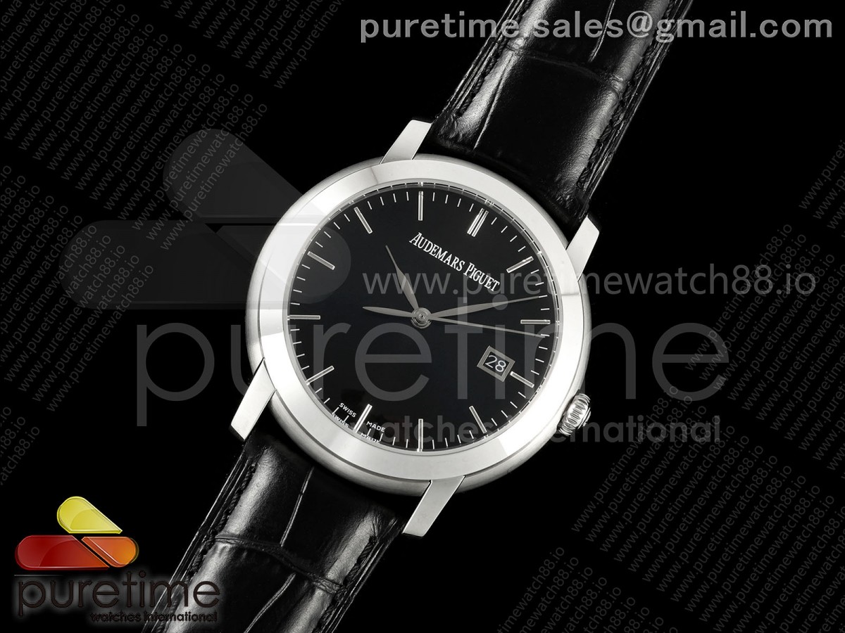 Jules Audemars 15120 SS OMF 1:1 Best Edition Black Stick Dial on Black Leather Strap A3120