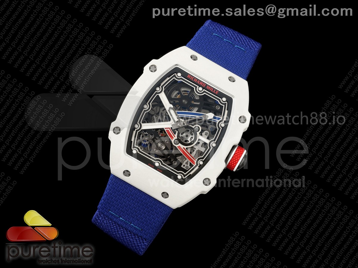 AVF RM67-02 Warm White NTPT Red/Blue/White Skeleton Dial on Blue Elastic Strap CRMA7 Clone V3