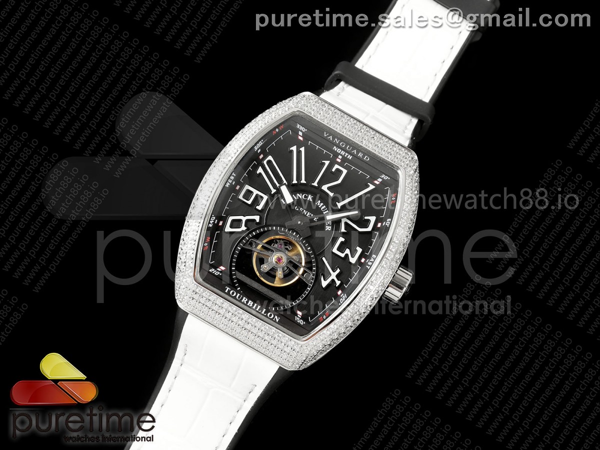 Vanguard Fake Tourbillon SS Diamonds ABF Best Edition Black Dial on White Gummy Strap A23J