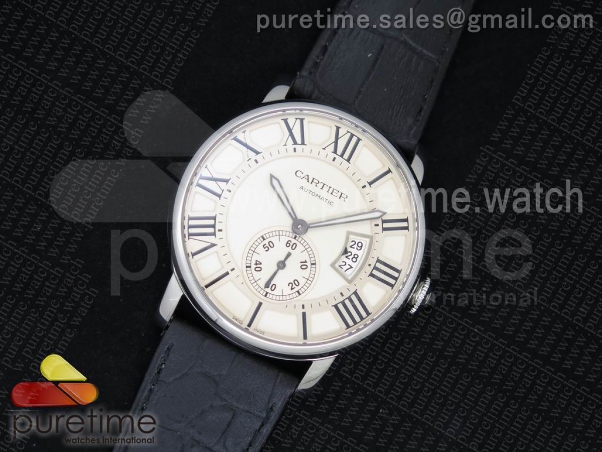 Calibre de Cartier SS Cream Dial on Black Leather Strap A23J