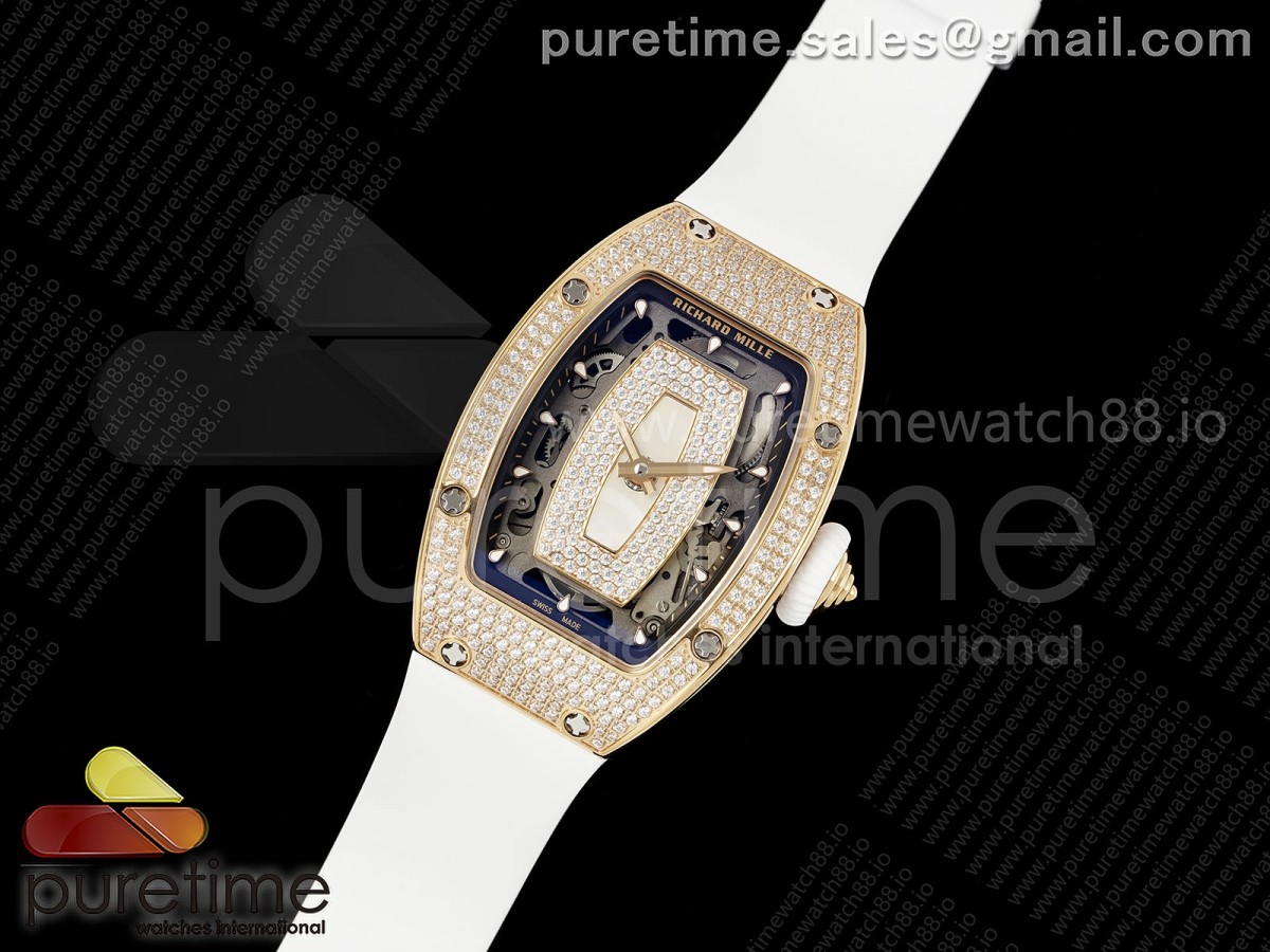 RM07 Ladies Full Diamonds RG ZF 1:1 Best Edition White MOP Dial on White Rubber Strap CRMA2 Clone